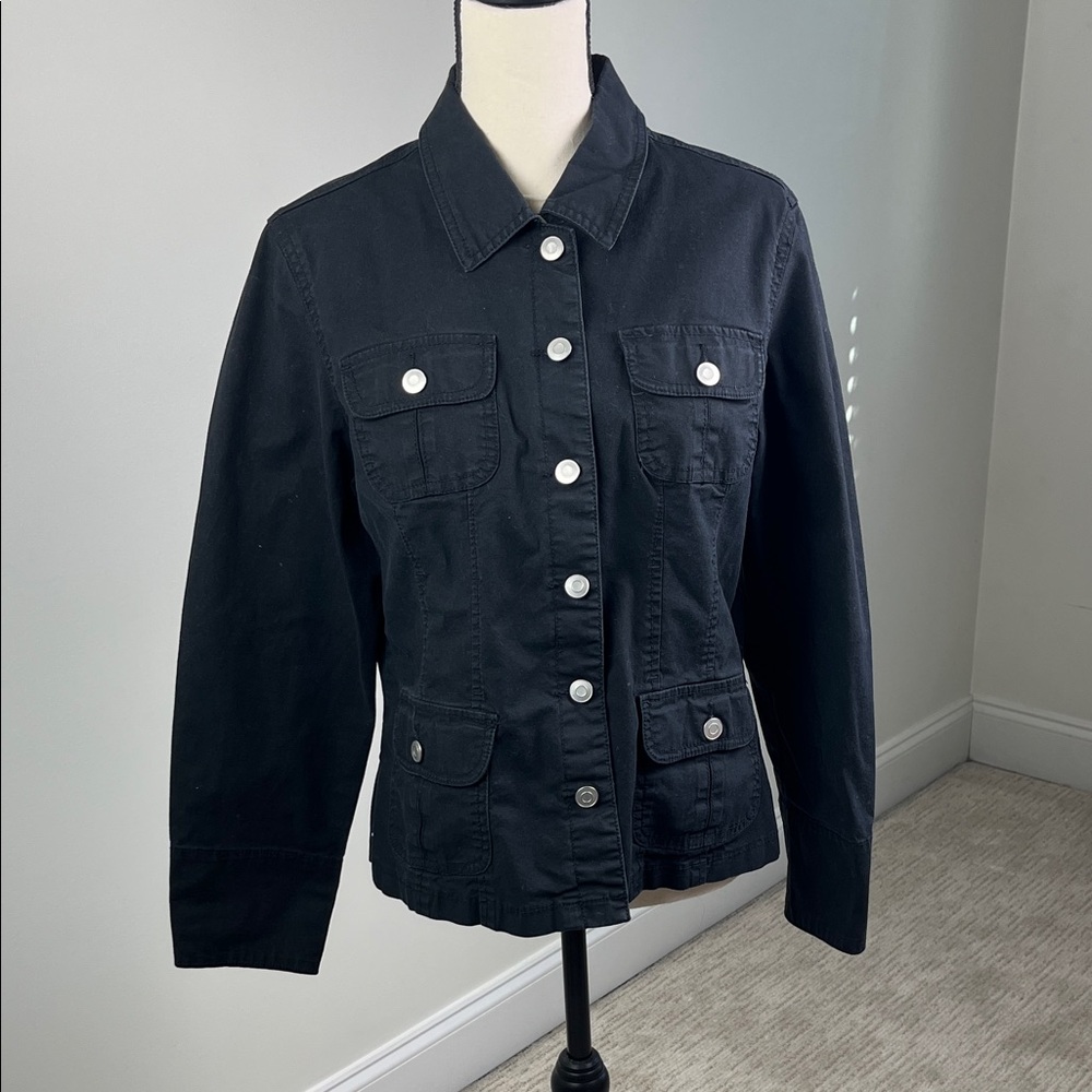 Baccini Women’s Black Safari Utility Jacket Silver Buttons Cotton Stretch Size L